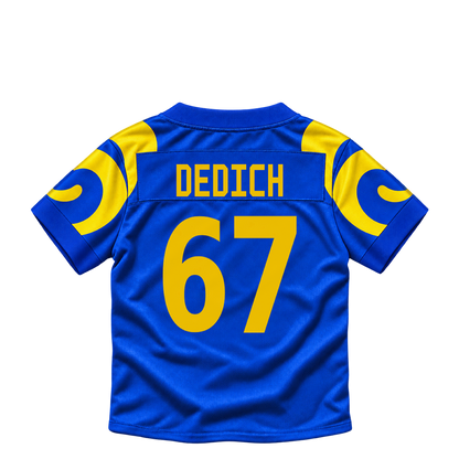 Los Angeles Rams jersey keychain — Justin Dedich #67. Exact saved player artwork preview.