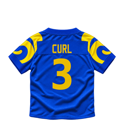 Los Angeles Rams jersey keychain — Kam Curl #3. Exact saved player artwork preview.