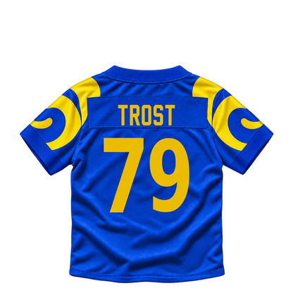 Los Angeles Rams jersey keychain — Keagen Trost #79. Exact saved player artwork preview.