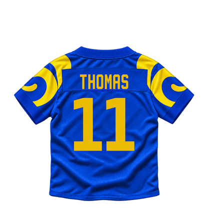 Los Angeles Rams jersey keychain — Keir Thomas #11. Exact saved player artwork preview.