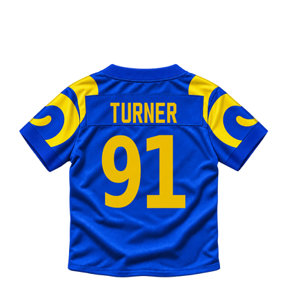 Los Angeles Rams jersey keychain — Kobie Turner #91. Exact saved player artwork preview.
