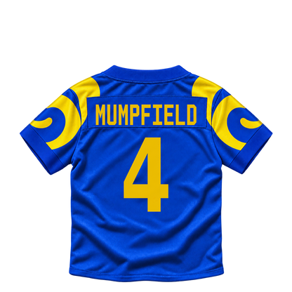 Los Angeles Rams jersey keychain — Konata Mumpfield #4. Exact saved player artwork preview.