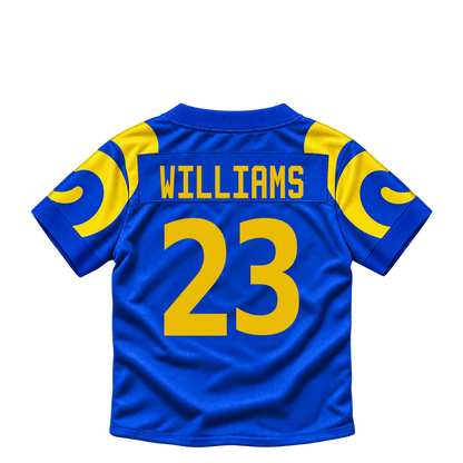 Los Angeles Rams jersey keychain — Kyren Williams #23. Exact saved player artwork preview.