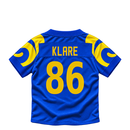 Los Angeles Rams jersey keychain — Max Klare #86. Exact saved player artwork preview.