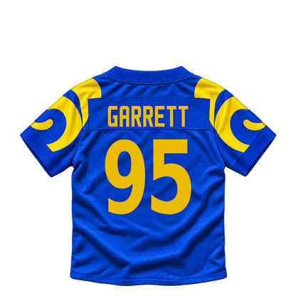 Los Angeles Rams jersey keychain — Myles Garrett #95. Exact saved player artwork preview.