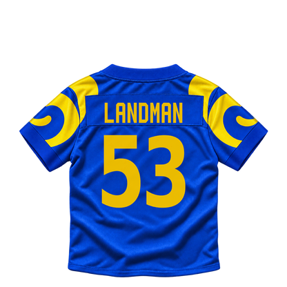 Los Angeles Rams jersey keychain — Nate Landman #53. Exact saved player artwork preview.
