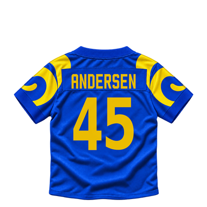 Los Angeles Rams jersey keychain — Nick Andersen #45. Exact saved player artwork preview.