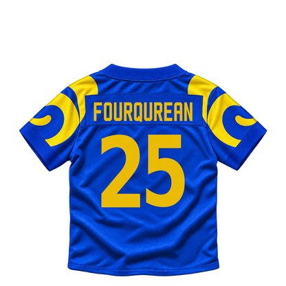 Los Angeles Rams jersey keychain — Nyzier Fourqurean #25. Exact saved player artwork preview.