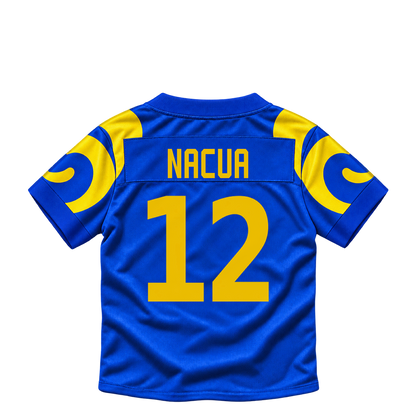 Los Angeles Rams jersey keychain — Puka Nacua #12. Exact saved player artwork preview.