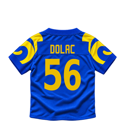 Los Angeles Rams jersey keychain — Shaun Dolac #56. Exact saved player artwork preview.