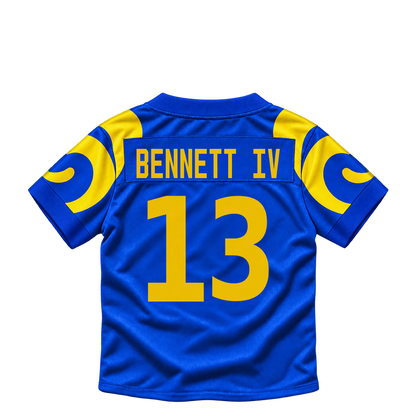 Los Angeles Rams jersey keychain — Stetson Bennett IV #13. Exact saved player artwork preview.