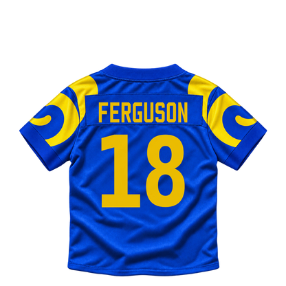 Los Angeles Rams jersey keychain — Terrance Ferguson #18. Exact saved player artwork preview.