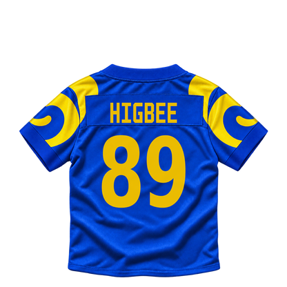 Los Angeles Rams jersey keychain — Tyler Higbee #89. Exact saved player artwork preview.