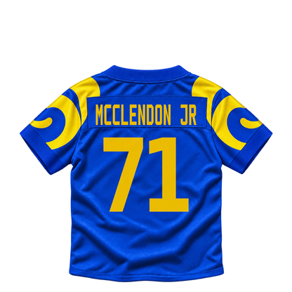 Los Angeles Rams jersey keychain — Warren McClendon Jr. #71. Exact saved player artwork preview.