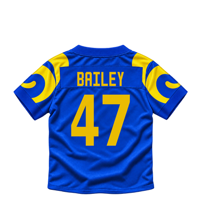 Los Angeles Rams jersey keychain — Wesley Bailey #47. Exact saved player artwork preview.
