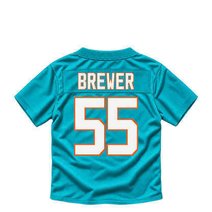 Miami Dolphins jersey keychain — Aaron Brewer #55. Exact saved player artwork preview.