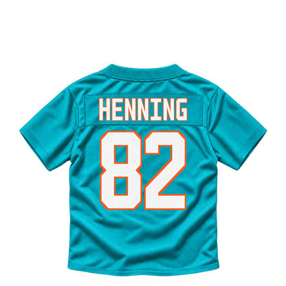 Miami Dolphins jersey keychain — AJ Henning #82. Exact saved player artwork preview.