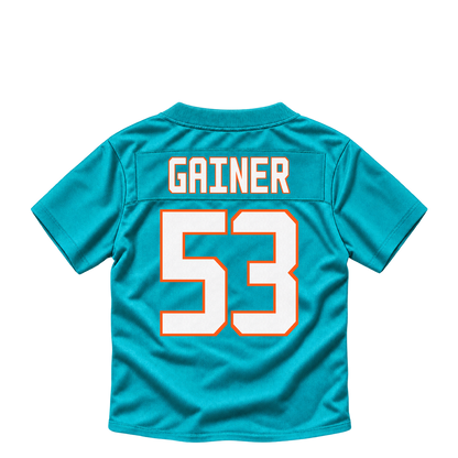 Miami Dolphins jersey keychain — Amari Gainer #53. Exact saved player artwork preview.