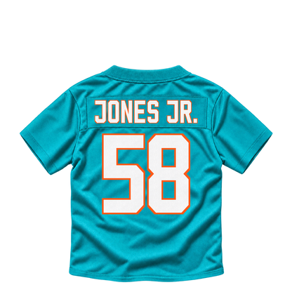 Miami Dolphins jersey keychain — Andre Jones Jr. #58. Exact saved player artwork preview.