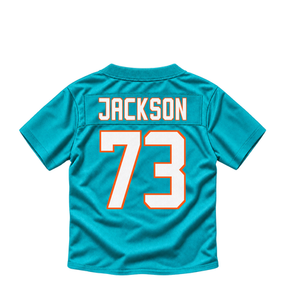 Miami Dolphins jersey keychain — Austin Jackson #73. Exact saved player artwork preview.