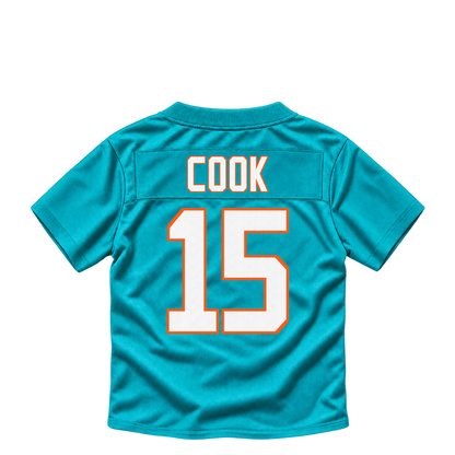Miami Dolphins jersey keychain — Brady Cook #15. Exact saved player artwork preview.