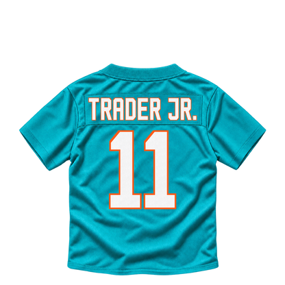 Miami Dolphins jersey keychain — Dante Trader Jr. #11. Exact saved player artwork preview.