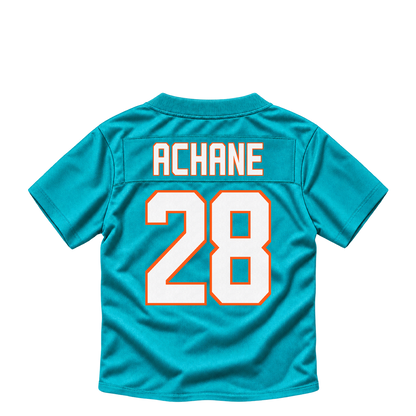 Miami Dolphins jersey keychain — De'Von Achane #28. Exact saved player artwork preview.