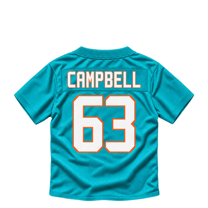 Miami Dolphins jersey keychain — DJ Campbell #63. Exact saved player artwork preview.