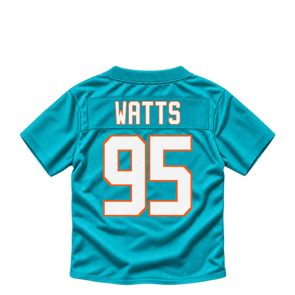 Miami Dolphins jersey keychain — Eric Watts #95. Exact saved player artwork preview.