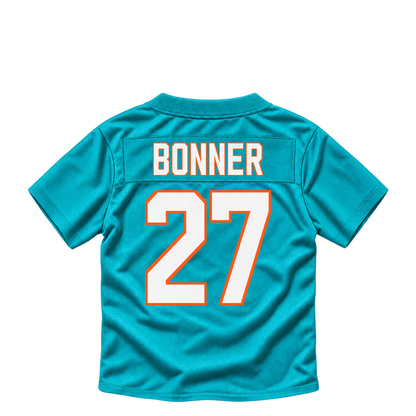 Miami Dolphins jersey keychain — Ethan Bonner #27. Exact saved player artwork preview.