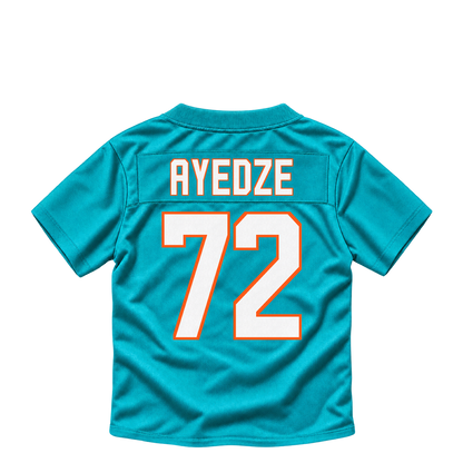 Miami Dolphins jersey keychain — Gottlieb Ayedze #72. Exact saved player artwork preview.