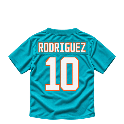 Miami Dolphins jersey keychain — Jacob Rodriguez #10. Exact saved player artwork preview.