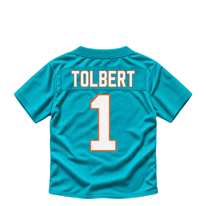 Miami Dolphins jersey keychain — Jalen Tolbert #1. Exact saved player artwork preview.