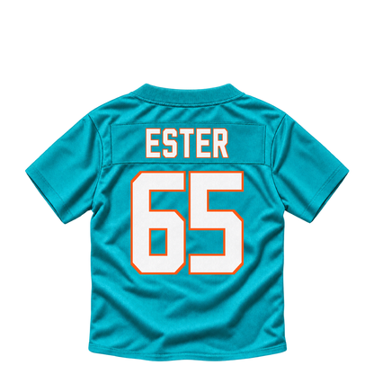 Miami Dolphins jersey keychain — James Ester #65. Exact saved player artwork preview.