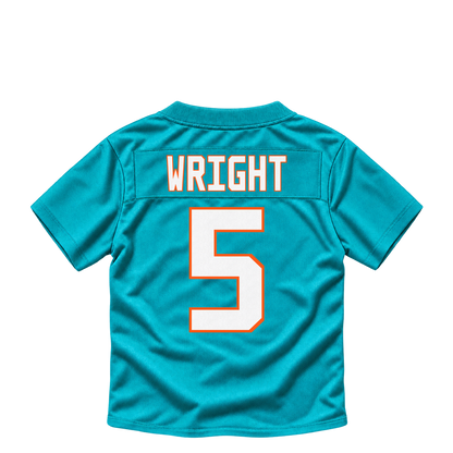 Miami Dolphins jersey keychain — Jaylen Wright #5. Exact saved player artwork preview.