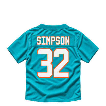 Miami Dolphins jersey keychain — Jaylin Simpson #32. Exact saved player artwork preview.