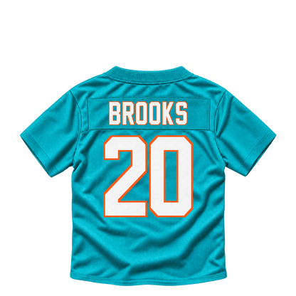 Miami Dolphins jersey keychain — Jordyn Brooks #20. Exact saved player artwork preview.
