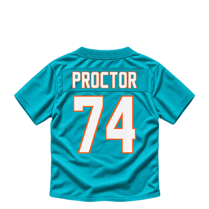 Miami Dolphins jersey keychain — Kadyn Proctor #74. Exact saved player artwork preview.