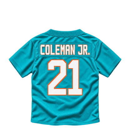 Miami Dolphins jersey keychain — Kevin Coleman Jr. #21. Exact saved player artwork preview.