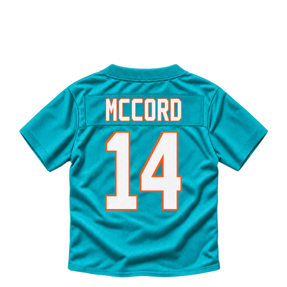 Miami Dolphins jersey keychain — Kyle McCord #14. Exact saved player artwork preview.