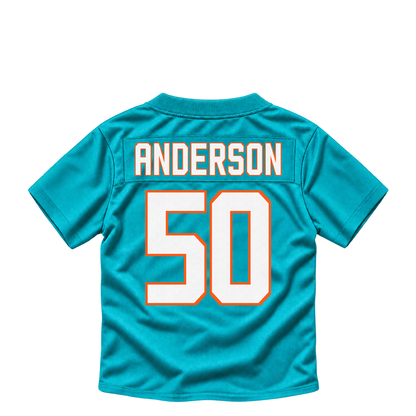 Miami Dolphins jersey keychain — Liam Anderson #50. Exact saved player artwork preview.