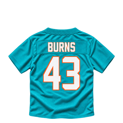 Miami Dolphins jersey keychain — Major Burns #43. Exact saved player artwork preview.