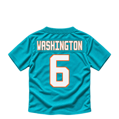 Miami Dolphins jersey keychain — Malik Washington #6. Exact saved player artwork preview.