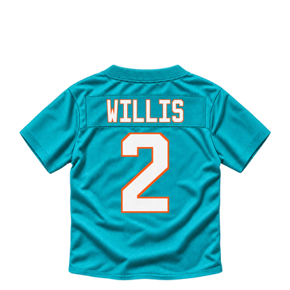 Miami Dolphins jersey keychain — Malik Willis #2. Exact saved player artwork preview.