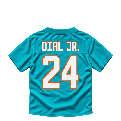 Miami Dolphins jersey keychain — Marcellas Dial Jr. #24. Exact saved player artwork preview.