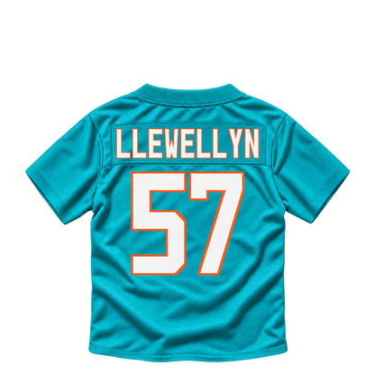 Miami Dolphins jersey keychain — Max Llewellyn #57. Exact saved player artwork preview.