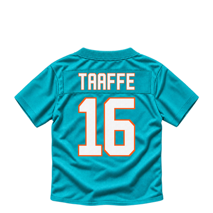 Miami Dolphins jersey keychain — Michael Taaffe #16. Exact saved player artwork preview.