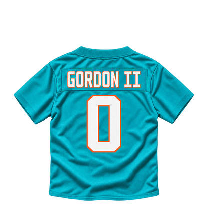 Miami Dolphins jersey keychain — Ollie Gordon II #0. Exact saved player artwork preview.