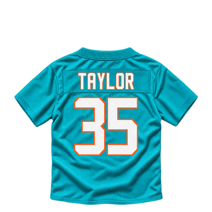 Miami Dolphins jersey keychain — Reese Taylor #35. Exact saved player artwork preview.