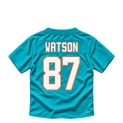 Miami Dolphins jersey keychain — Tre Watson #87. Exact saved player artwork preview.